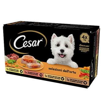 Boîte de nourriture pour chien Cesar avec un chien blanc sur l'emballage.