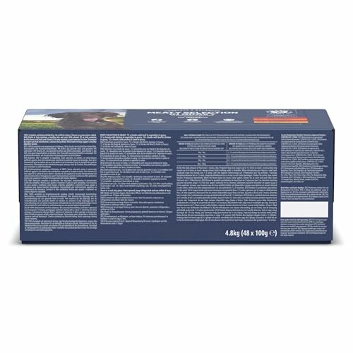 Dos du paquet de nourriture pour chiens avec texte en petits caractères.