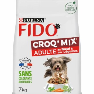 Sachet de croquettes Fido Croq' Mix pour chien adulte, boeuf et légumes.