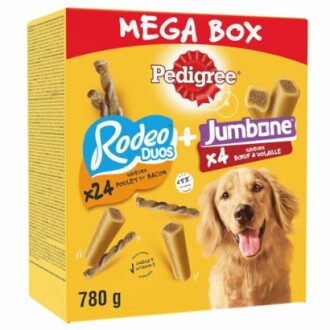 Boîte méga Pedigree avec friandises pour chiens.