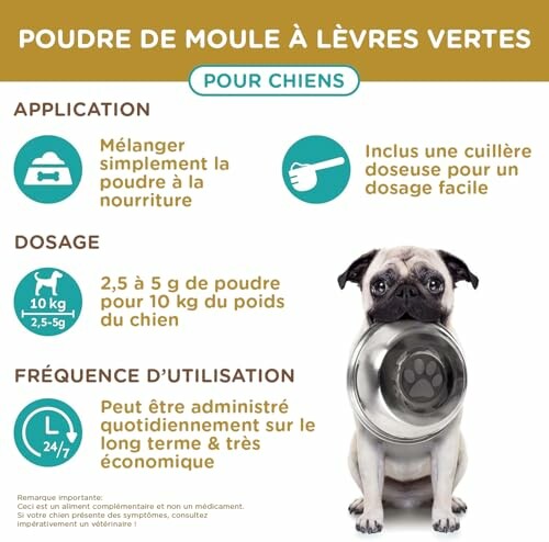 Poudre de moule à lèvres vertes pour chiens avec instructions d'utilisation.