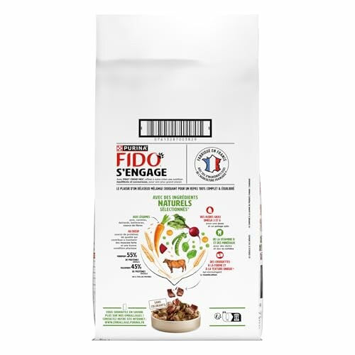 Sac de nourriture pour chien Purina Fido avec ingrédients naturels.